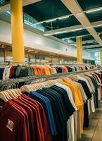 fila de de moda polo camisetas para hombre en de madera percha o estante en un ropa boutique Al por menor tienda concepto por ai generado foto