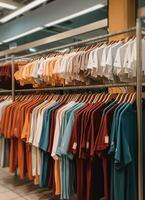 Row of fashionable polo t-shirts for man on wooden hanger or rack in a clothing boutique retail shop concept by AI Generated photo