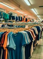 fila de de moda polo camisetas para hombre en de madera percha o estante en un ropa boutique Al por menor tienda concepto por ai generado foto