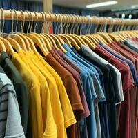 Row of fashionable polo t-shirts for man on wooden hanger or rack in a clothing boutique retail shop concept by AI Generated photo