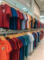 Row of fashionable polo t-shirts for man on wooden hanger or rack in a clothing boutique retail shop concept by AI Generated photo