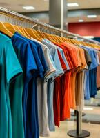 fila de de moda polo camisetas para hombre en de madera percha o estante en un ropa boutique Al por menor tienda concepto por ai generado foto