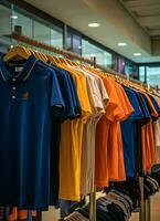 fila de de moda polo camisetas para hombre en de madera percha o estante en un ropa boutique Al por menor tienda concepto por ai generado foto