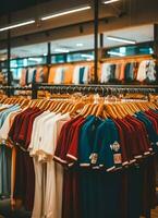 Row of fashionable polo t-shirts for man on wooden hanger or rack in a clothing boutique retail shop concept by AI Generated photo