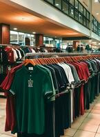 Row of fashionable polo t-shirts for man on wooden hanger or rack in a clothing boutique retail shop concept by AI Generated photo