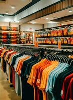 fila de de moda polo camisetas para hombre en de madera percha o estante en un ropa boutique Al por menor tienda concepto por ai generado foto