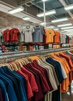 Row of fashionable polo t-shirts for man on wooden hanger or rack in a clothing boutique retail shop concept by AI Generated photo