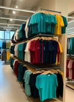 Row of fashionable polo t-shirts for man on wooden hanger or rack in a clothing boutique retail shop concept by AI Generated photo