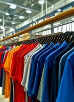 Row of fashionable polo t-shirts for man on wooden hanger or rack in a clothing boutique retail shop concept by AI Generated photo