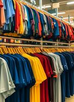 Row of fashionable polo t-shirts for man on wooden hanger or rack in a clothing boutique retail shop concept by AI Generated photo