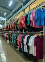 Row of fashionable polo t-shirts for man on wooden hanger or rack in a clothing boutique retail shop concept by AI Generated photo