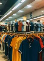 Row of fashionable polo t-shirts for man on wooden hanger or rack in a clothing boutique retail shop concept by AI Generated photo