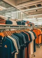 Row of fashionable polo t-shirts for man on wooden hanger or rack in a clothing boutique retail shop concept by AI Generated photo