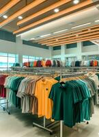 Row of fashionable polo t-shirts for man on wooden hanger or rack in a clothing boutique retail shop concept by AI Generated photo