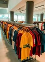 Row of fashionable polo t-shirts for man on wooden hanger or rack in a clothing boutique retail shop concept by AI Generated photo