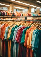 Row of fashionable polo t-shirts for man on wooden hanger or rack in a clothing boutique retail shop concept by AI Generated photo