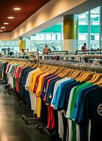 Row of fashionable polo t-shirts for man on wooden hanger or rack in a clothing boutique retail shop concept by AI Generated photo