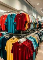 Row of fashionable polo t-shirts for man on wooden hanger or rack in a clothing boutique retail shop concept by AI Generated photo