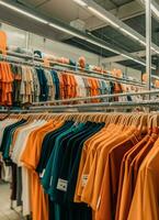 Row of fashionable polo t-shirts for man on wooden hanger or rack in a clothing boutique retail shop concept by AI Generated photo