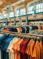 Row of fashionable polo t-shirts for man on wooden hanger or rack in a clothing boutique retail shop concept by AI Generated photo