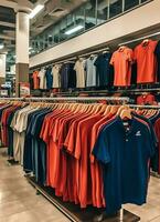 Row of fashionable polo t-shirts for man on wooden hanger or rack in a clothing boutique retail shop concept by AI Generated photo