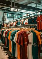 fila de de moda polo camisetas para hombre en de madera percha o estante en un ropa boutique Al por menor tienda concepto por ai generado foto