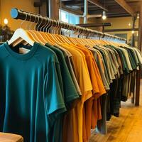 Row of fashionable polo t-shirts for man on wooden hanger or rack in a clothing boutique retail shop concept by AI Generated photo