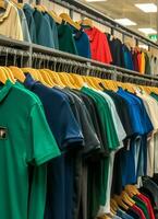 Row of fashionable polo t-shirts for man on wooden hanger or rack in a clothing boutique retail shop concept by AI Generated photo