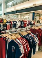 Row of fashionable polo t-shirts for man on wooden hanger or rack in a clothing boutique retail shop concept by AI Generated photo