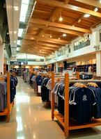 Row of fashionable polo t-shirts for man on wooden hanger or rack in a clothing boutique retail shop concept by AI Generated photo