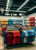 Row of fashionable polo t-shirts for man on wooden hanger or rack in a clothing boutique retail shop concept by AI Generated photo