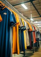 Row of fashionable polo t-shirts for man on wooden hanger or rack in a clothing boutique retail shop concept by AI Generated photo