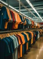 Row of fashionable polo t-shirts for man on wooden hanger or rack in a clothing boutique retail shop concept by AI Generated photo