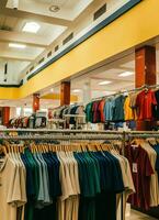 fila de de moda polo camisetas para hombre en de madera percha o estante en un ropa boutique Al por menor tienda concepto por ai generado foto