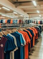 Row of fashionable polo t-shirts for man on wooden hanger or rack in a clothing boutique retail shop concept by AI Generated photo