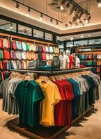 Row of fashionable polo t-shirts for man on wooden hanger or rack in a clothing boutique retail shop concept by AI Generated photo