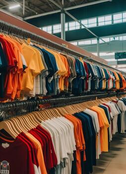 fila de de moda polo camisetas para hombre en de madera percha o estante en un ropa boutique Al por menor tienda concepto por ai generado foto