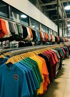 Row of fashionable polo t-shirts for man on wooden hanger or rack in a clothing boutique retail shop concept by AI Generated photo