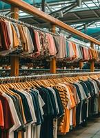 Row of fashionable polo t-shirts for man on wooden hanger or rack in a clothing boutique retail shop concept by AI Generated photo