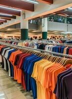 Row of fashionable polo t-shirts for man on wooden hanger or rack in a clothing boutique retail shop concept by AI Generated photo