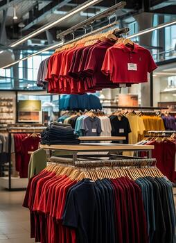 fila de de moda polo camisetas para hombre en de madera percha o estante en un ropa boutique Al por menor tienda concepto por ai generado foto