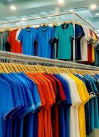 Row of fashionable polo t-shirts for man on wooden hanger or rack in a clothing boutique retail shop concept by AI Generated photo