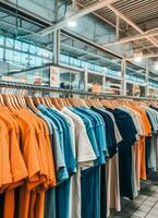 Row of fashionable polo t-shirts for man on wooden hanger or rack in a clothing boutique retail shop concept by AI Generated photo