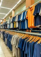 Row of fashionable polo t-shirts for man on wooden hanger or rack in a clothing boutique retail shop concept by AI Generated photo