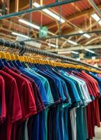 Row of fashionable polo t-shirts for man on wooden hanger or rack in a clothing boutique retail shop concept by AI Generated photo