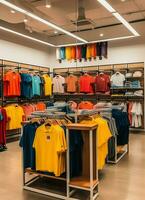 Row of fashionable polo t-shirts for man on wooden hanger or rack in a clothing boutique retail shop concept by AI Generated photo