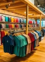 fila de de moda polo camisetas para hombre en de madera percha o estante en un ropa boutique Al por menor tienda concepto por ai generado foto