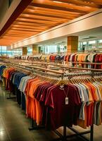 fila de de moda polo camisetas para hombre en de madera percha o estante en un ropa boutique Al por menor tienda concepto por ai generado foto