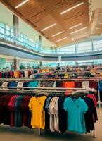 Row of fashionable polo t-shirts for man on wooden hanger or rack in a clothing boutique retail shop concept by AI Generated photo