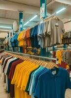 Row of fashionable polo t-shirts for man on wooden hanger or rack in a clothing boutique retail shop concept by AI Generated photo